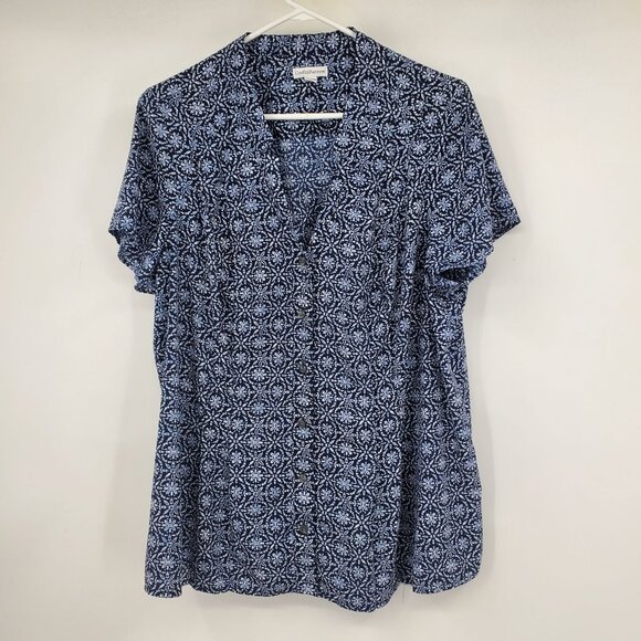 Croft & Barrow Blue Geometric Pattern Button Down Short Sleeved Shirt Top 1X - Picture 1 of 7